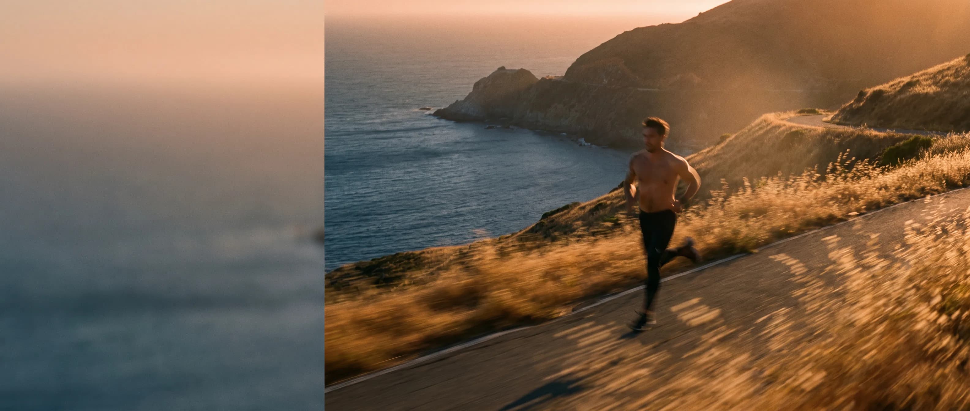 A runner on a coastal road, with a warm hillside and the ocean behind.