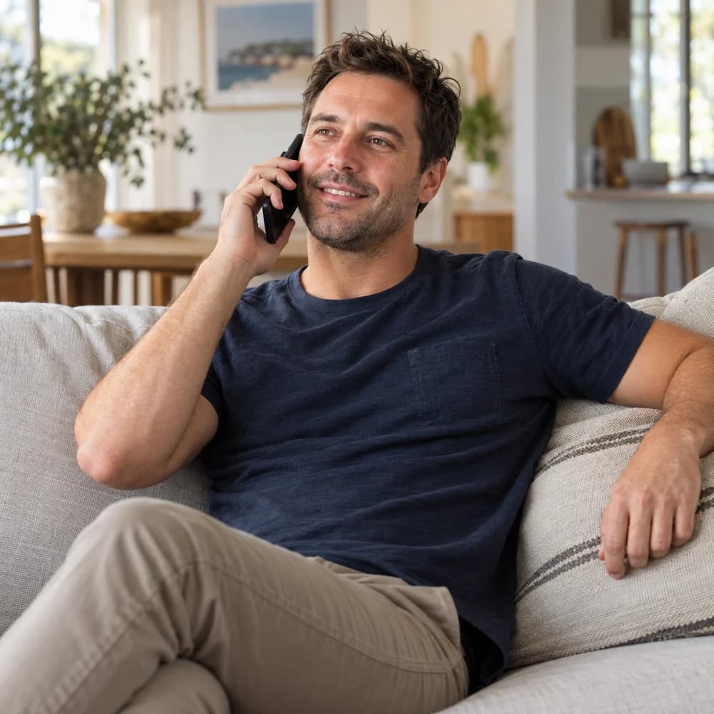 A man speaking on his phone while sitting comfortably at home