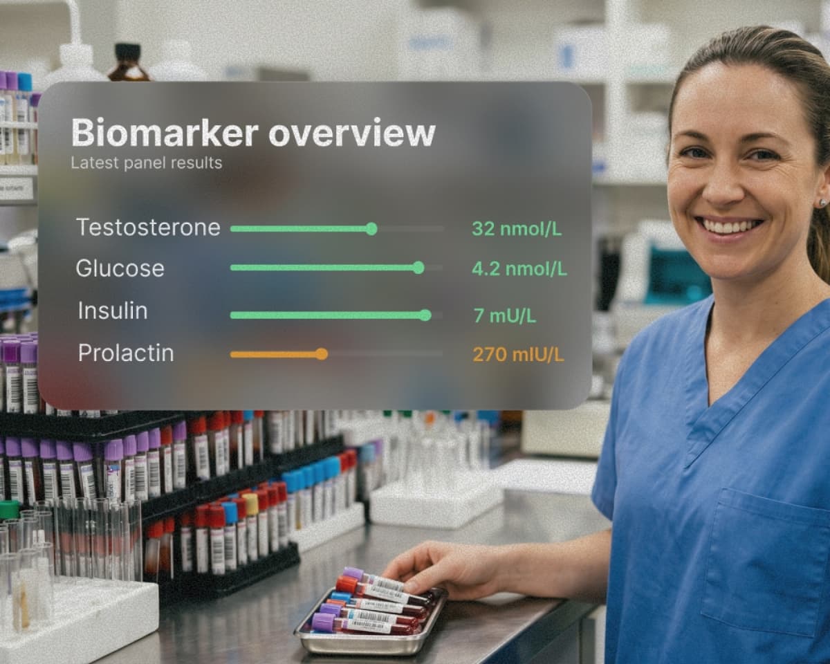 Pathology referral showing biomarker overview with latest panel results