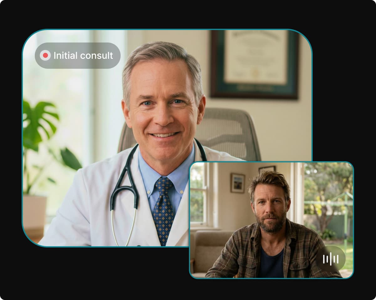 Regeniq telehealth consultation showing clinician video call with patient blood work overview