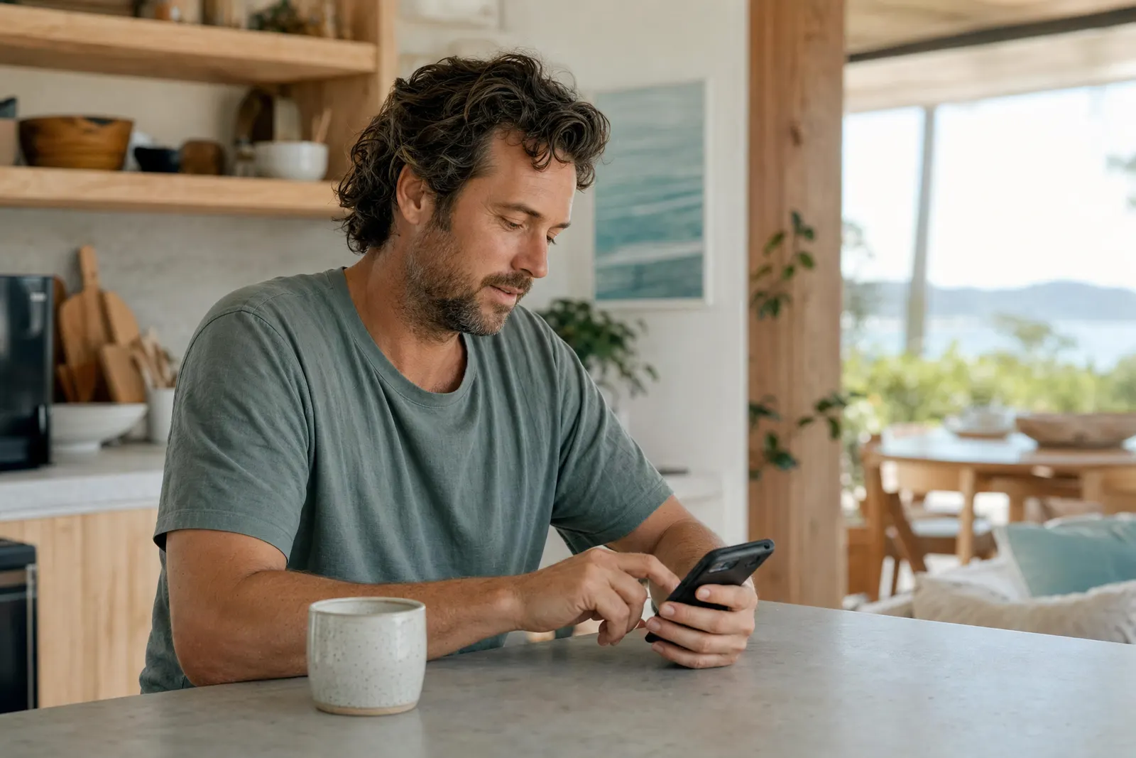 A man at his kitchen bench answering questions on his phone