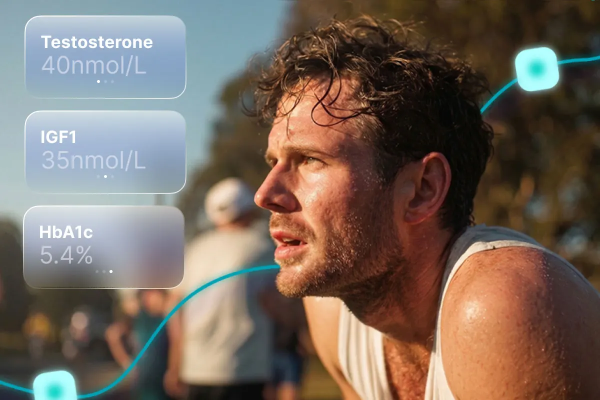 A man resting after exercise, beside example pathology marker cards