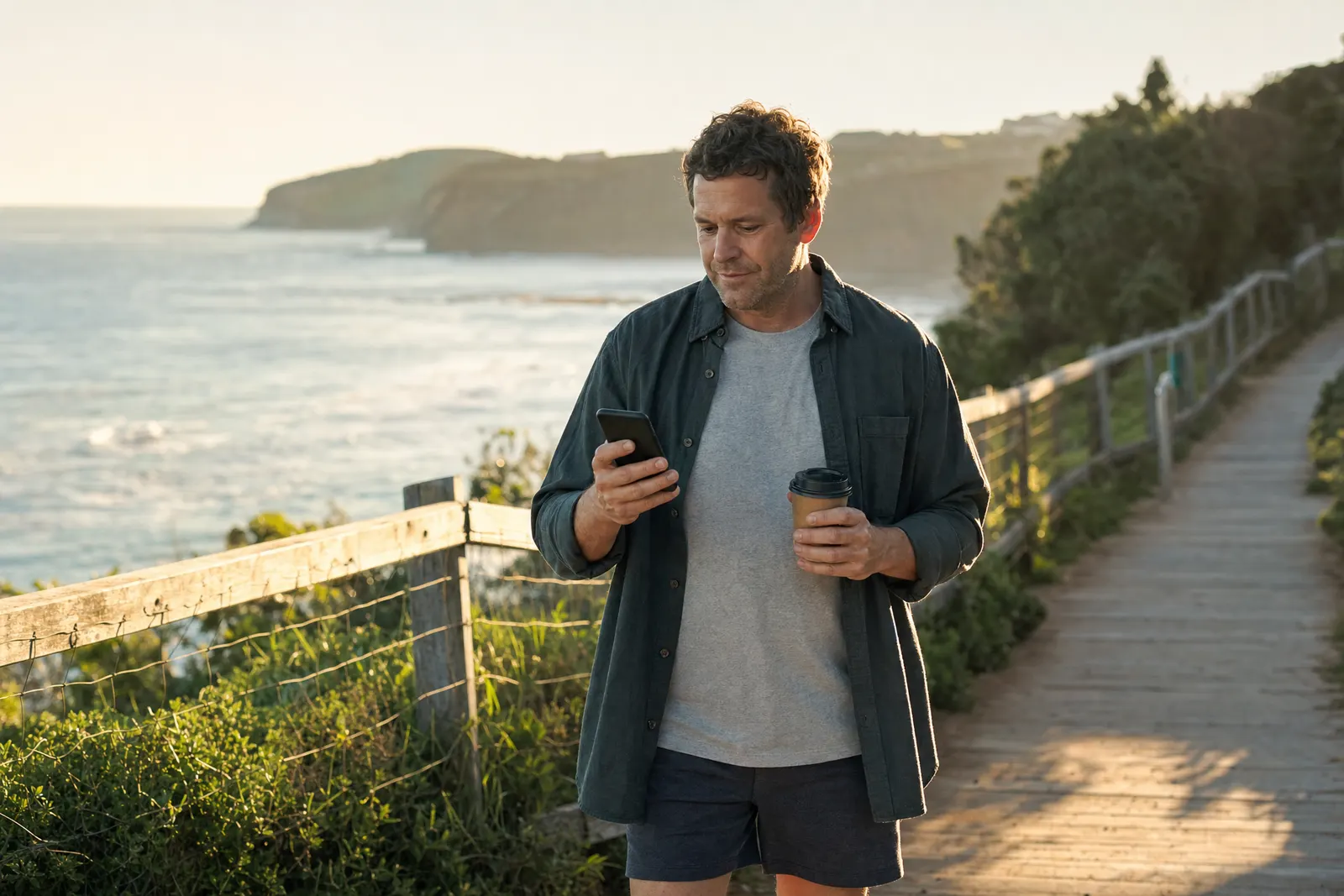 A man walking a coastal track with a coffee, checking his phone