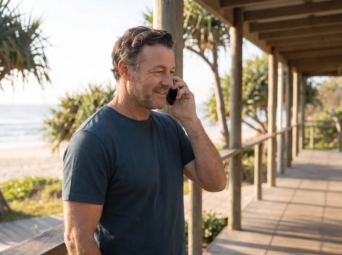 A man talking on his phone on a verandah