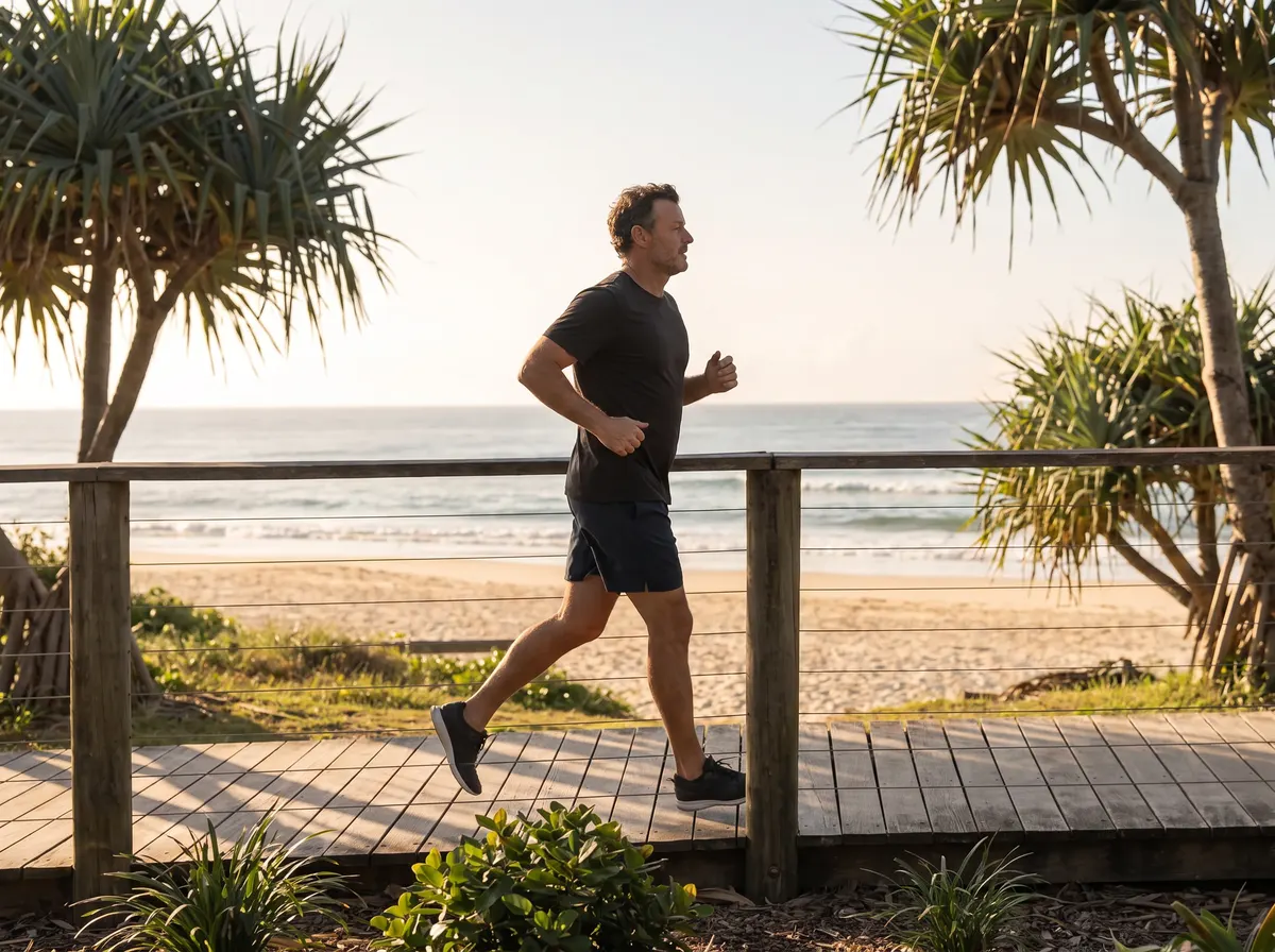A man jogging on a coastal boardwalk