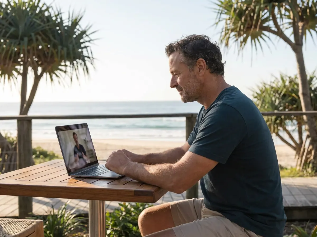 A man on a video call at an outdoor table by the beach