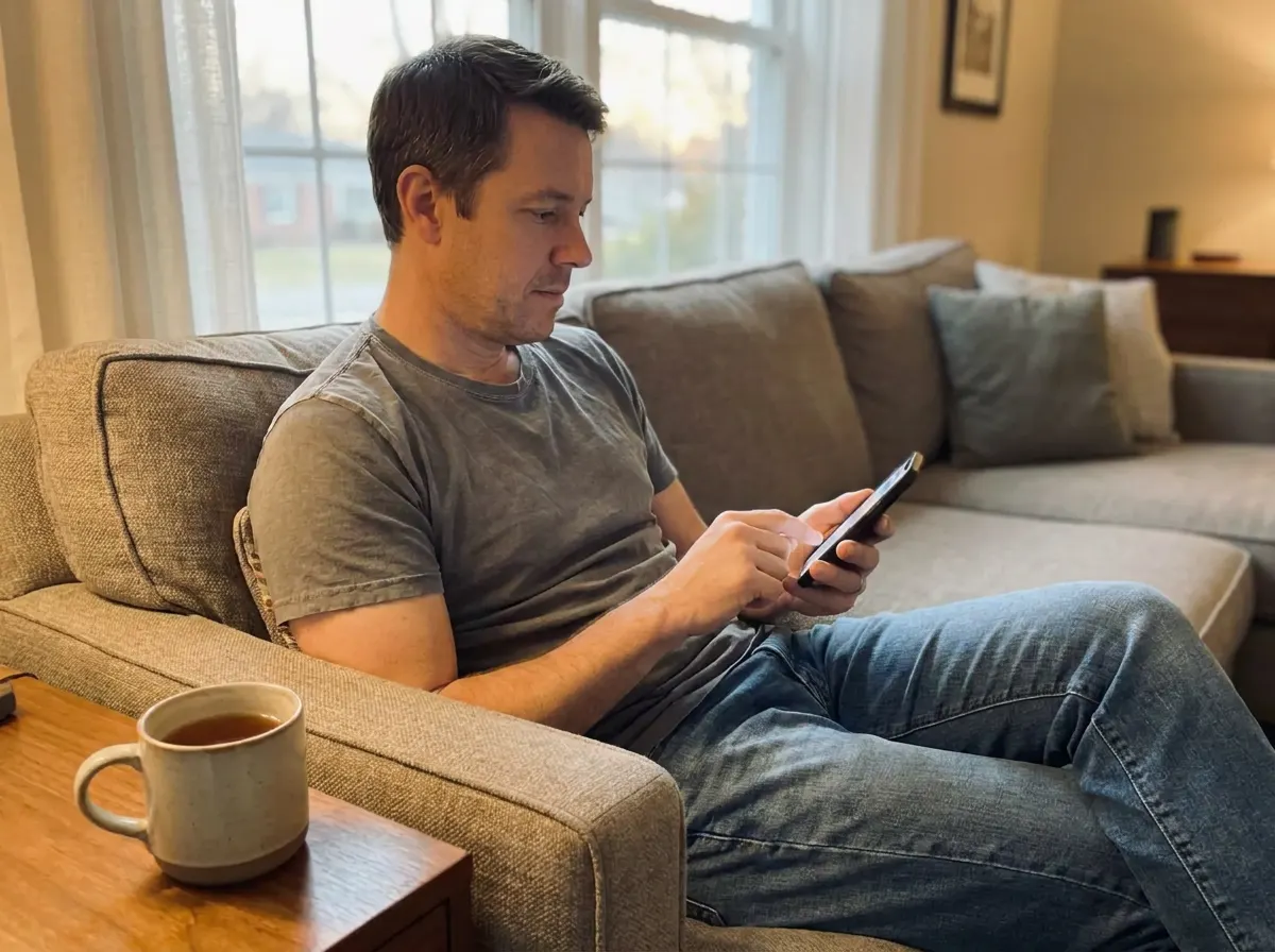 A man using his phone on a sofa at home