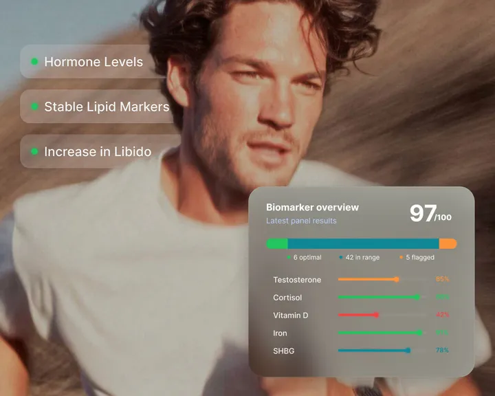 A man outdoors beside an on-screen biomarker panel