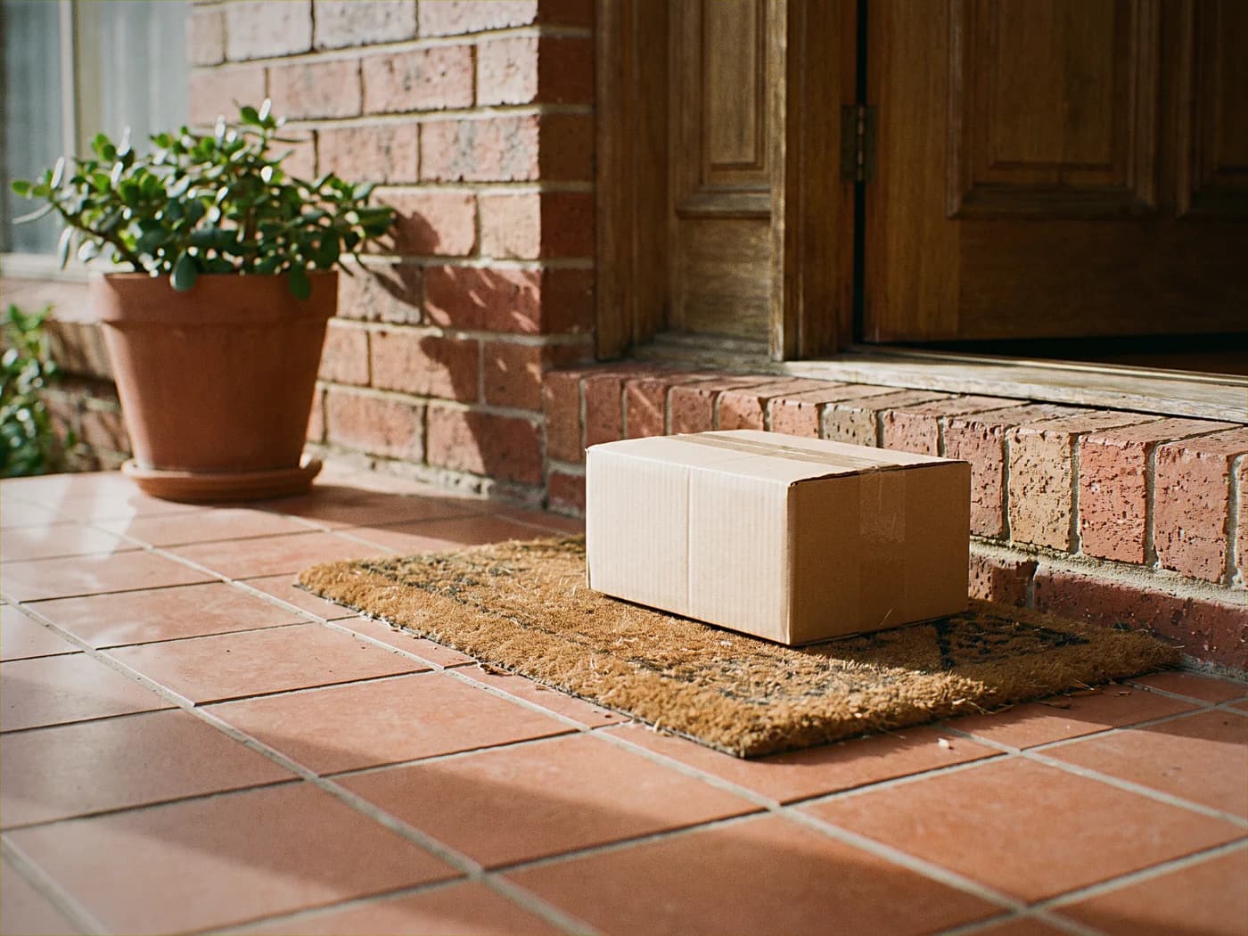Unbranded delivery parcel beside an Australian front door