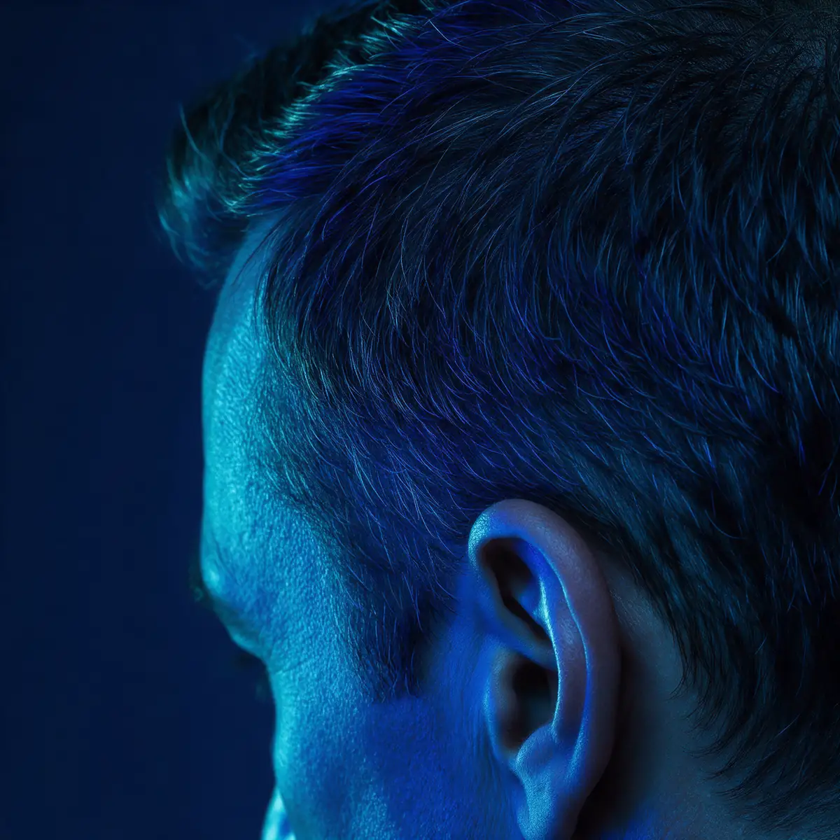 side profile showing naturally textured hair and scalp in blue light