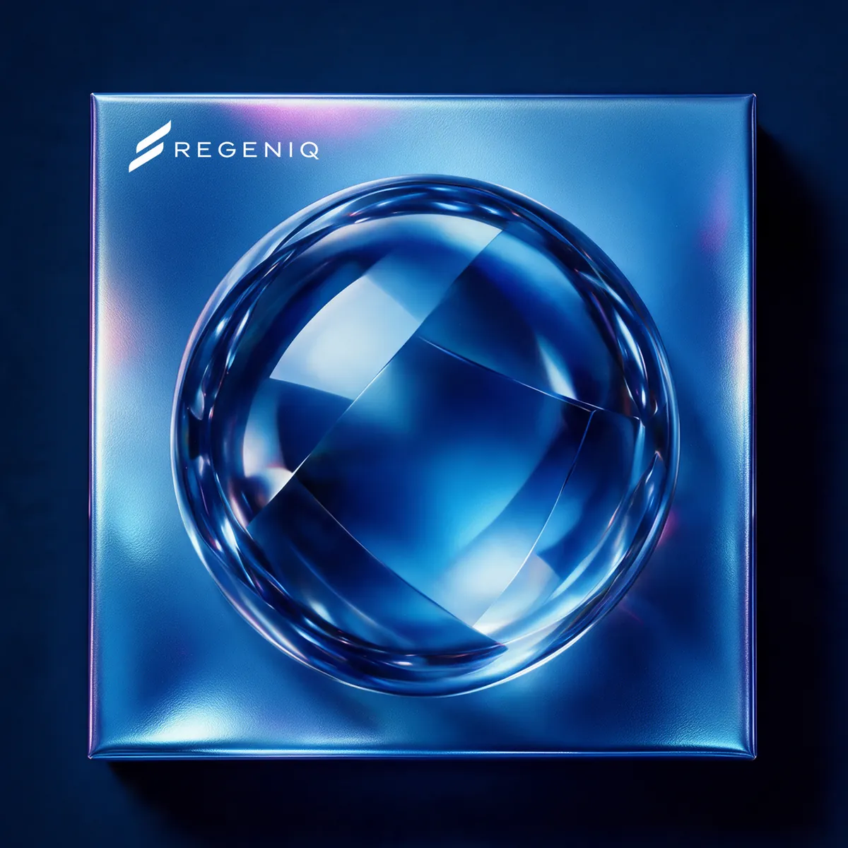 Chromatic blue Glow Protocol box with Regeniq branding