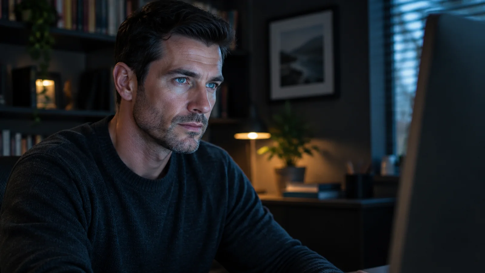 A blue-eyed man concentrating on a computer screen in a softly lit study