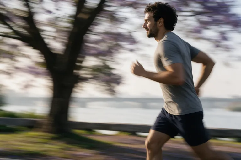 A man running outdoors along a waterfront path