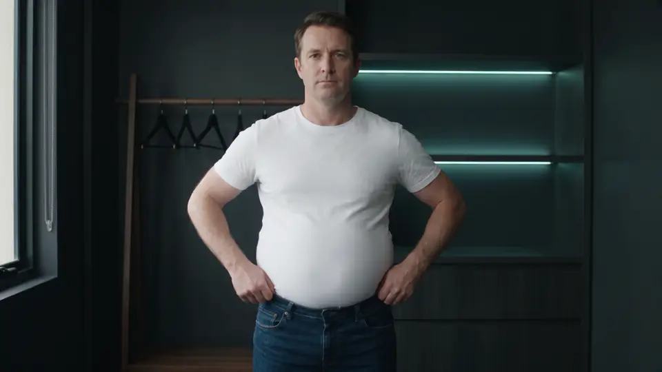 A man in a white T-shirt and jeans standing in a dimly lit room
